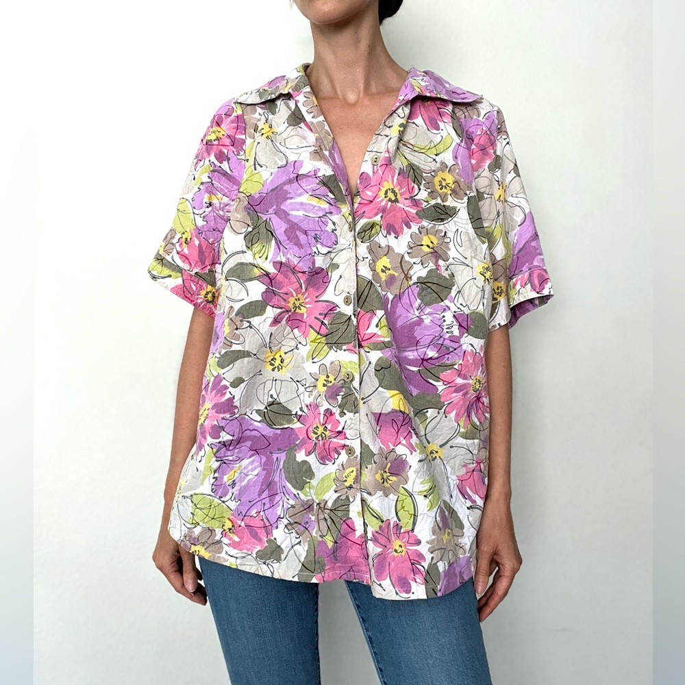 Vintage Floral Print Short Sleeve Button Down Shirt